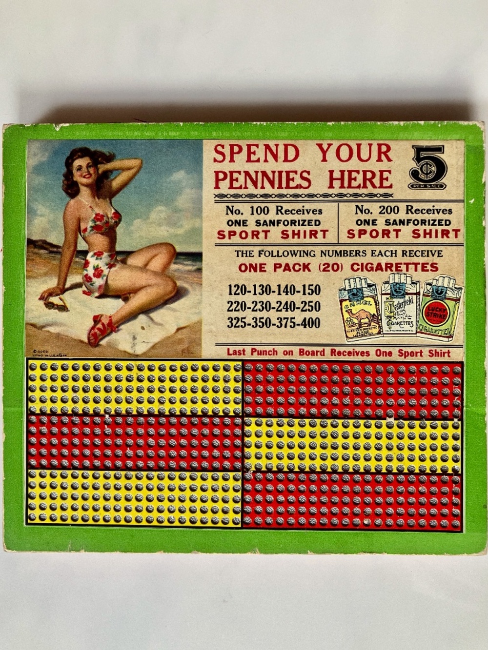 RARE Unused Vintage Punchboard Game “Spend Your Pennies Here” 7 x 8